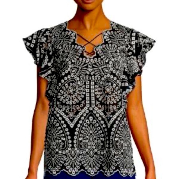 LAUNDRY by Shelli Segal Flutter Sleeve Embroidered Top Medium - Picture 1 of 5